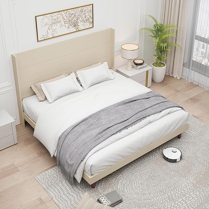 GDFStudio Tall Headboard King Size Bed,Platform Bed Frame with High Back,Wooden Slat Mattress Support No Box Spring Needed Easy Assembly Minimalist Designs 54" H Beige