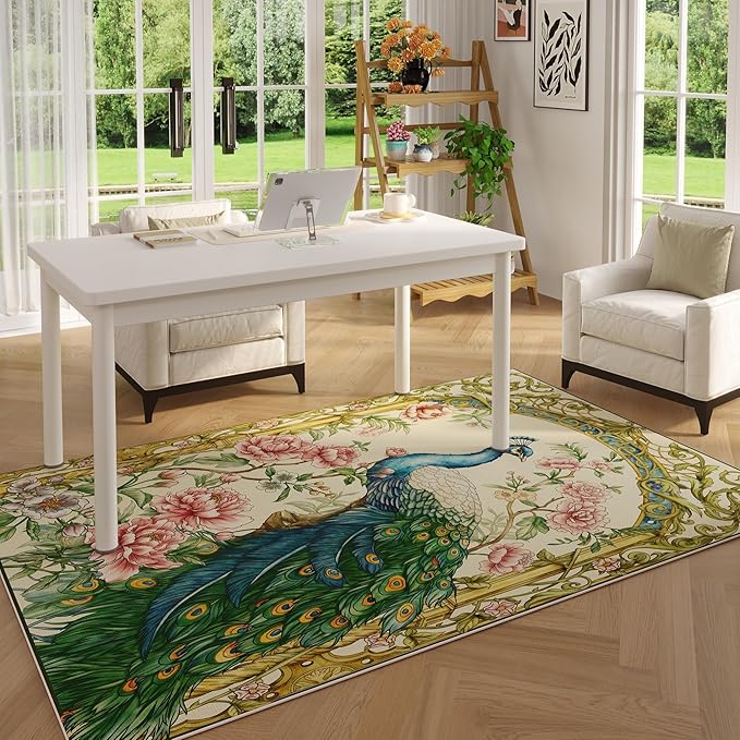 Bedroom Rug 3x5 Rug Washable Area Rug Low Pile Floral Peacock Animal Small Carpet for Bedroom, Bedside, Kitchen, Entryway, Kids Room, Office, College Dorm(Beige)