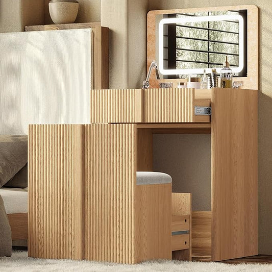 Compact Makeup Vanity Desk with Flip Top Mirror,3 in 1 Vanity Desk with Mirror and Lights,Hidden Storage Chair,Oak Makeup Vanity Table with Space-Saving for Small Bedrooms & Apartments,Light Oak