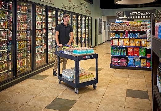 Rubbermaid Commercial Products 2-Shelf Utility/Service Cart, Medium, Black, Lipped Shelves, Ergonomic Handle, 500 Lbs Capacity, forfor Warehouse/Garage/Cleaning/Manufacturing