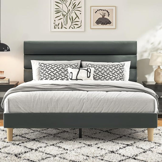 Queen Bed Frame, Platform Bed Frame with Velvet Upholstered Headboard, No Box Spring Needed, Sturdy Metal Support, Noise Free, Easy Assembly, Modern Bedroom Furniture, Grey