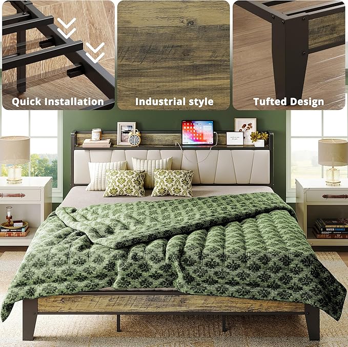 LIKIMIO California King Bed Frame, Storage Headboard with Charging Station, Solid and Stable, Noise Free, No Box Spring Needed, Easy Assembly (Walnut and Beige)