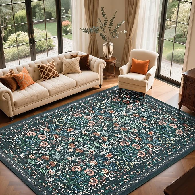 Area Rug Living Room Rug, 6X9 Rugs for Living Room Floral Boho Low Pile Super Soft Washable Rug, Stain Resistant Indoor Floor Non-Slip Carpet for Bedroom Bedside Dining Room Kitchen Nursery, Green