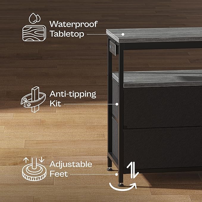 Huuger LED TV Stand for Bedroom, 47 Inch Dresser TV Stand for 43, 50, 55 Inch TV, Grey Black TV Stand with Storage, Entertainment Center with Power Outlets, 6 Drawer Fabric Dresser for Living Room