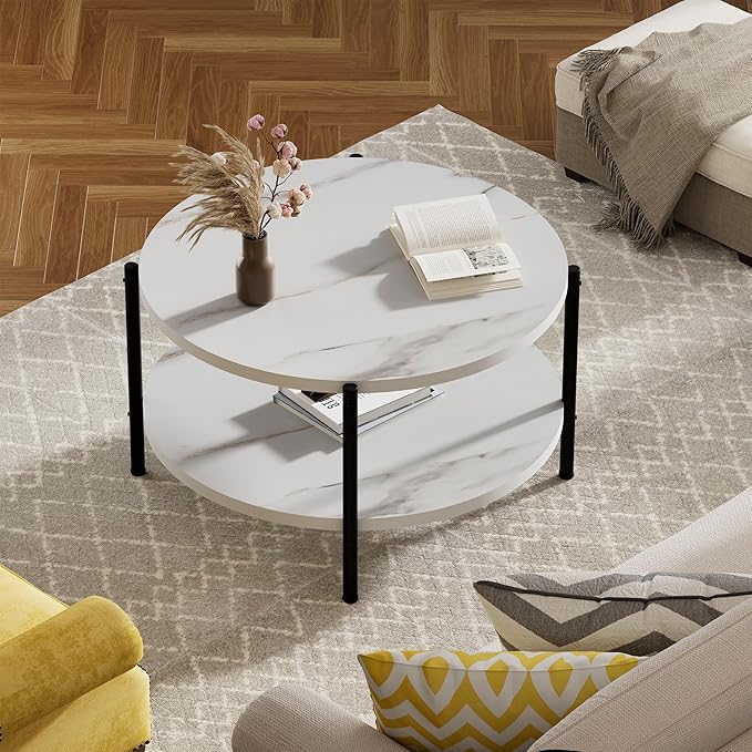 Round Coffee Table, 27.6" Circle Coffee Table for Living Room, 2-Tier Wood Accent Center Table with Open Storage Industrial Design Home Furniture, White