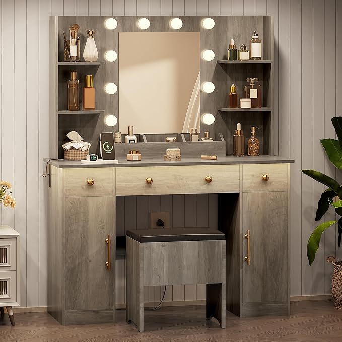 Vanity Desk with Mirror and Lights,Grey Makeup Vanity with Charging Station & Stool, 3 Drawers and Cabinets, Farmhouse Vanity Mirror with RGB LED Lights Makeup Desk and Chair for Women