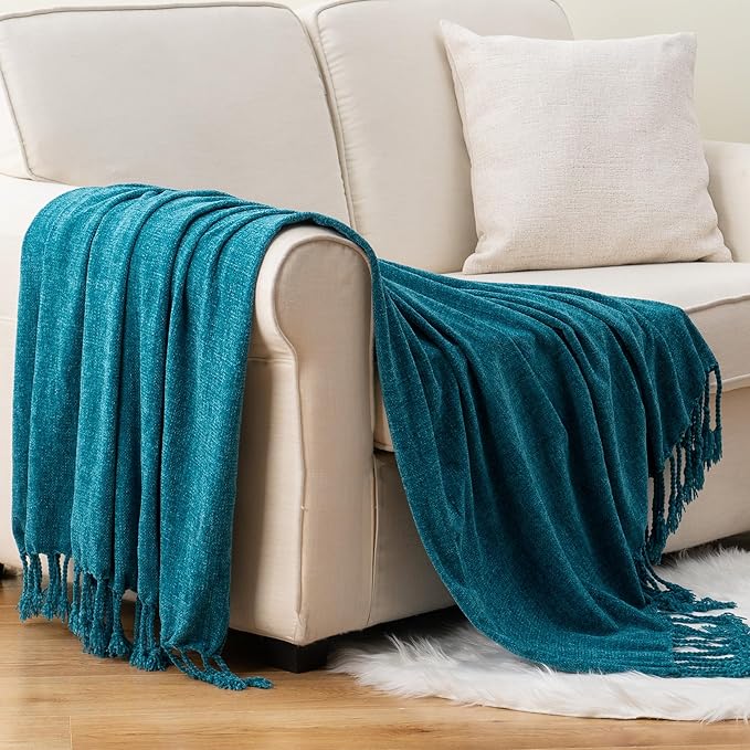 BATTILO HOME Teal Blue Throw Blanket for Couch, Bed, Sofa - Soft Cozy Chenille Throw with Fringe Tassels, Lightweight Knit Throw for Home Decor, 50"x60"