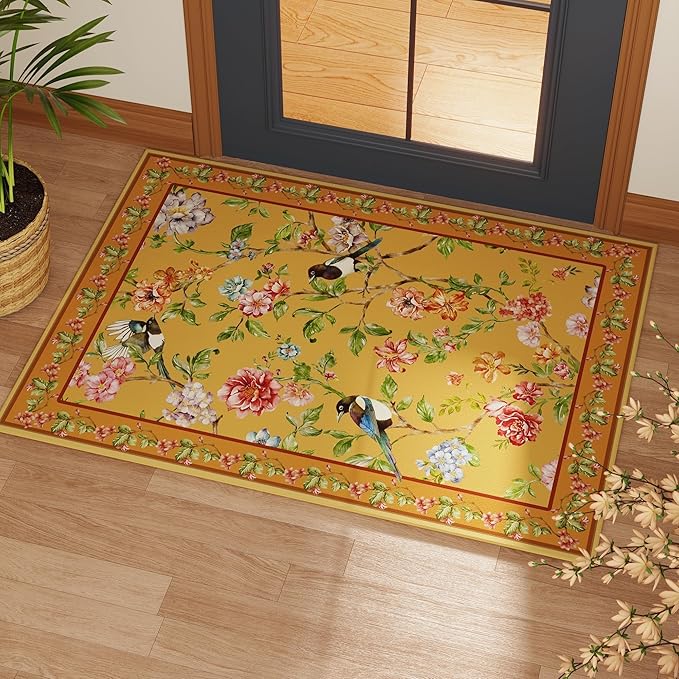 Door Mat Indoor Entrance 2x3 Rug Machine Washable Floral Bird Magpies Animal Small Area Rug Non-Slip Low Pile Throw Rugs for Entryway, Kitchen, Front Door Indoor Entrance, Entry, Kids Room