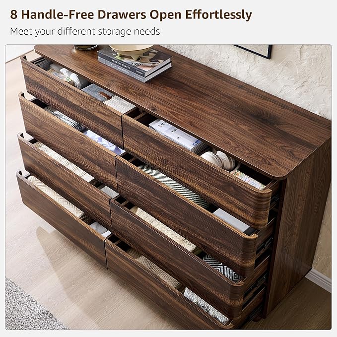 JXQTLINGMU 8 Drawer Dresser for Bedroom, Modern Push-to-Open Chest of Drawers, Large Wood Storage w/Curved Profile & Handleless Design, 52" Wide Dresser TV Stand for Bedroom, Living Room, Brown