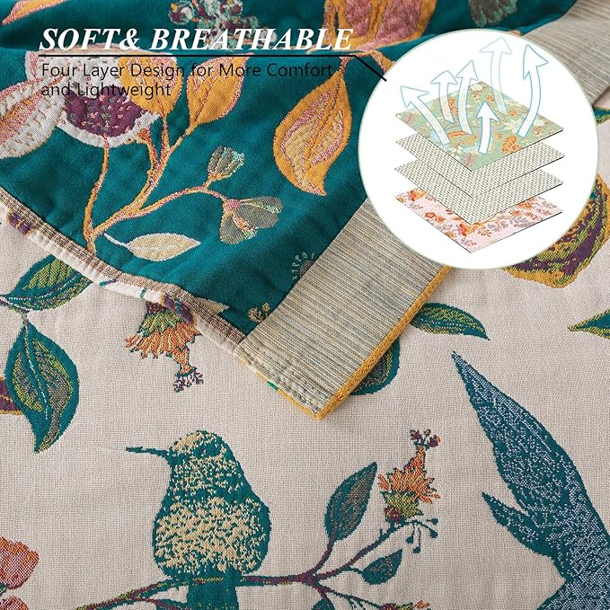 Boho Throw Blanket for Bed-100% Cotton Soft Breathable Farmhouse Decor Boho Quilt for Sofa (Flower Bird, 90"x98")