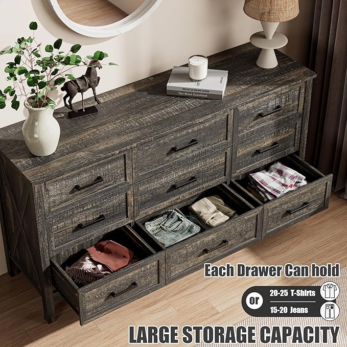 LYNSOM Farmhouse 9 Drawers Dresser for Bedroom, 55" Wide Wood Rustic Chest of Drawers with Natural Texture, Metal Handle, Storage Dressers Organizer for Entryway, Hallway, Dark Rustic Oak