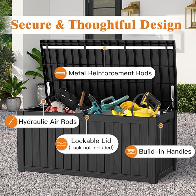 119 Gallon Outdoor Storage Box, Waterproof Deck Box with Handles and Lockable Lid, Resin Patio Storage Box with Hydraulic Rods for Garden Tools, Cushions, Black