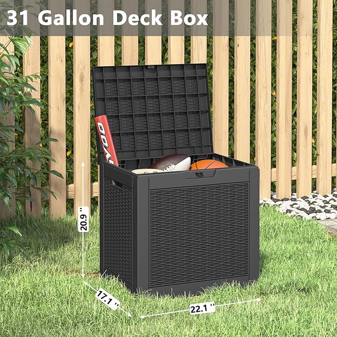 31 Gallon Deck Box, Resin Outdoor Storage Box, Waterproof and UV Resistant Deck Box, Lightweight Storage Box for Garden Tools, Pool Supplies
