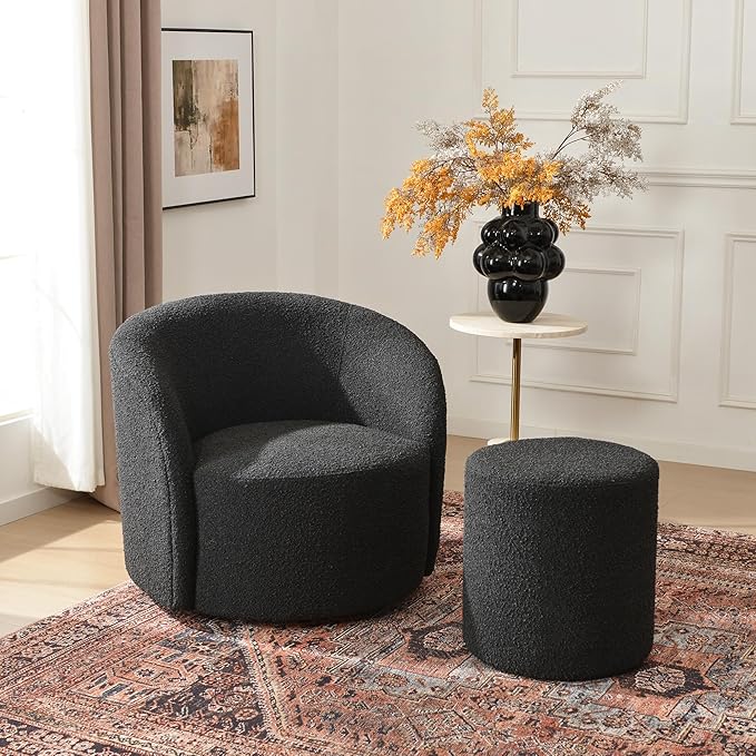 KINWELL 34" W Mid Century Modern Swivel Barrel Chair, Round Upholstered Boucle Swivel Accent Chairs, No Assembly Sofa Chair for Living Room Bedroom Reading Apartment Lounge Nursery(Black)