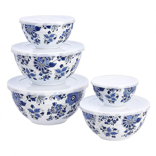 Amazon Basics Nesting Melamine Mixing Round Bowl with Lid and Non-Slip Base, 5 Sizes, Blue and White Floral, Set of 10, 4 quarts, 3 15/16",7 9/16",8 7/8",10",11 1/4"