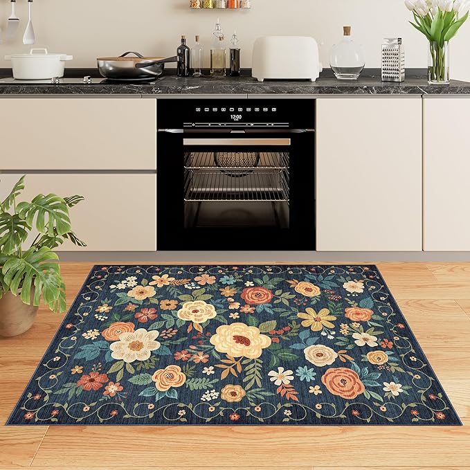DUKINO 4x6 Area Rug, Lightweight Non Slip Washable Floral Rug, Indoor Low Pile & Non-Shedding Boho Design Rugs for Bedroom, Living Room, Dining Room, Dark Blue