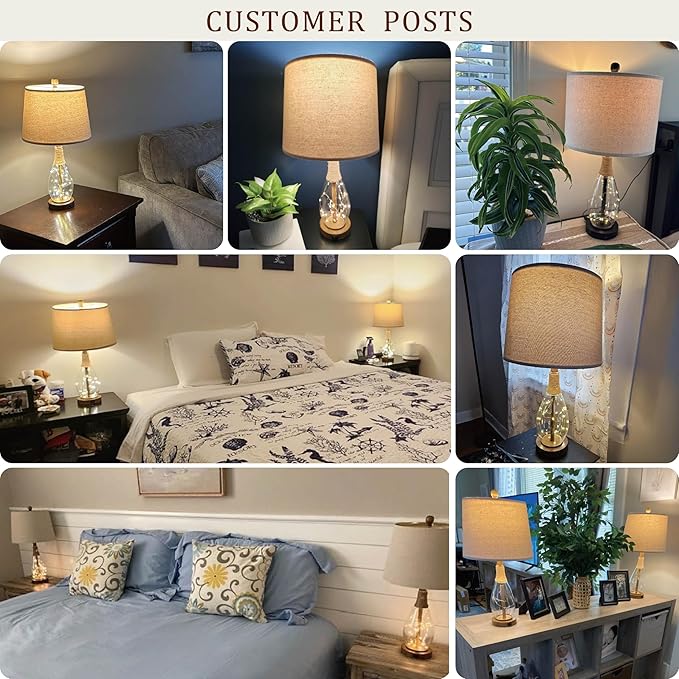 OYEARS 23" USB A+C Table Lamp Sets of 2 Modern Bedside Lamps Retro Farmhouse Rattan Glass Nightstand Nightlight Lamps for Bedroom Living Room Dorm,Two Light Points