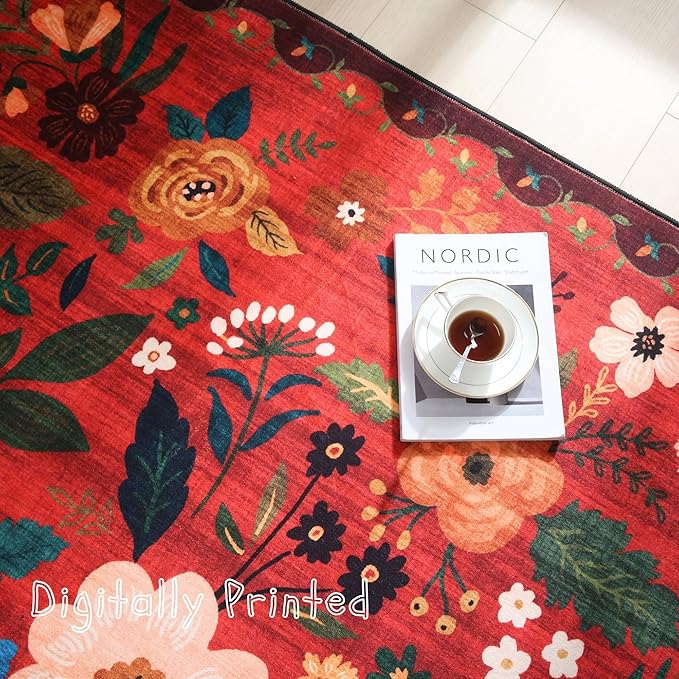 Area Rug 4x6 Rug Washable Boho Rugs Non Slip Low Pile Floral Small Carpet for Bedroom, Bedside, Kids Room, Office, Dining Room(Red)