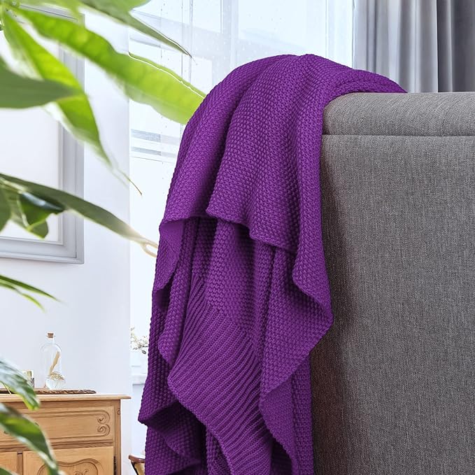 PiccoCasa 100% Cotton Knit Throw Blanket,Solid Lightweight Decorative Throws and Blankets,Soft Knitted Throw Blanket for Sofa Couch, Purple, 50" x 60"