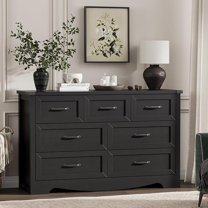 Dresser for Bedroom with 7 Drawers, 48" Wide Wood Chest of Drawers with Deep Drawers & Mental Handle, Modern Dresser TV Stand, Wooden Closet Storage Organizer for Living Room, Hallway, Entryway, Black