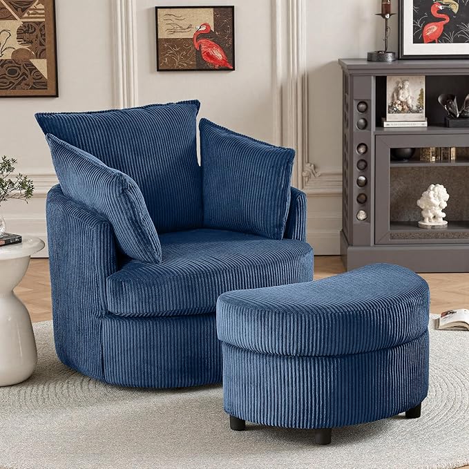 Swivel Accent Chair with Ottoman Comfy Reading Chairs for Bedroom Modern Corduroy Arm Chair 360°Swivel Barrel Chairs for Living Room,Apartment (Blue, 1)