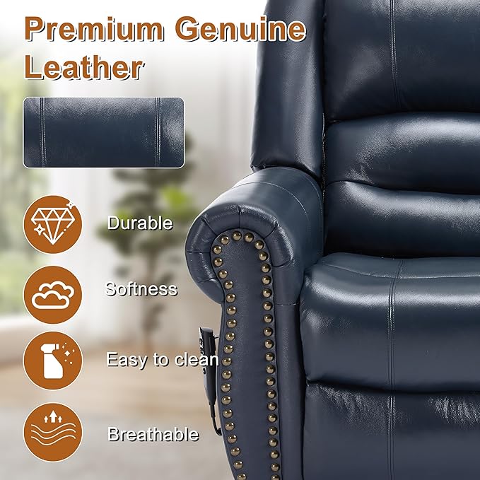 Power Lift Recliner Chair for Elderly, Dual Motor Massage Recliner with Lumbar Heat, Heavy Duty Motion Mechanism Lift Chair with Charge Ports, Genuine Leather - Blue