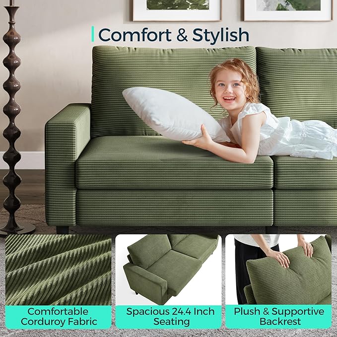 LINSY Modern Loveseat Sofa Couches for Living Room, Comfy Corduroy Sofa, Adjustable Seat Depth, Extra Deep Seats, Solid Wood Frame, Removable Cover, Love Seat Couch for Small Spaces (79inch, Green)
