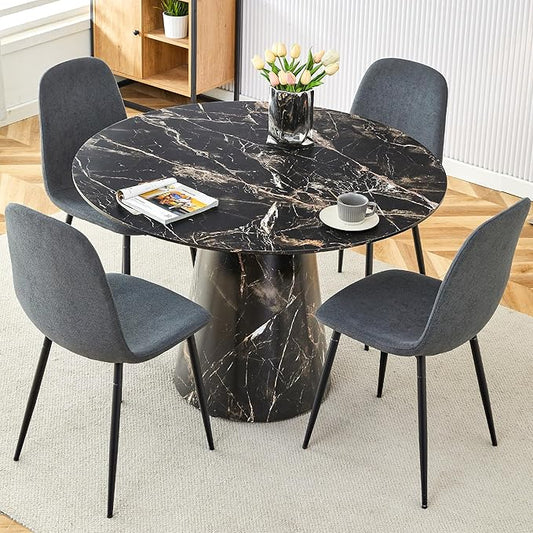 45 Inch Round Dining Table Set for 4, 5 Piece Kitchen Table and Chairs Set, Black Faux Marble Table Top, Small Space Dining Set for Apartment or Dining Room