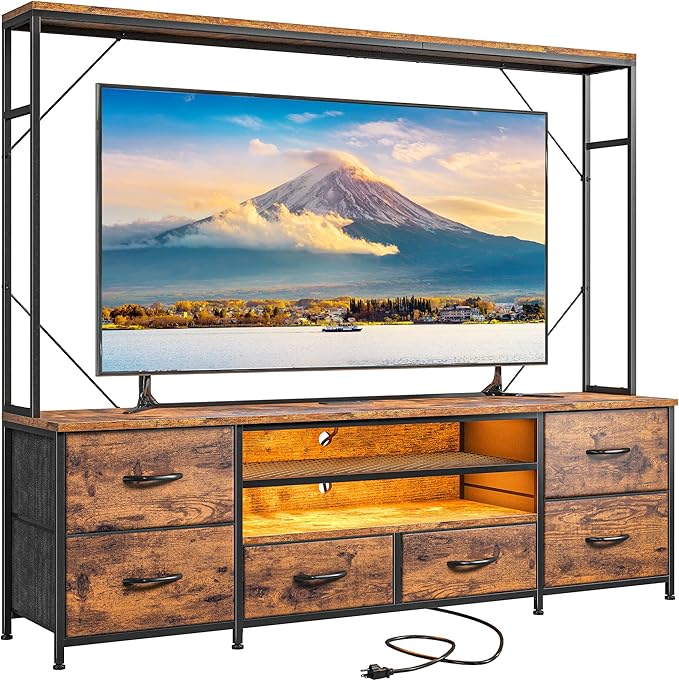 TV Stand for 55 60 inch TV, Large Wall Unit Entertainment Center with LED Lights & Power Outlets, TV Stands for Living Room, Closet, Entryway,13.8" D x 55" W x 61" H, Rustic Brown