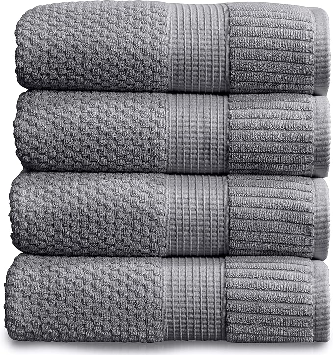 NY Loft 100% Cotton Bath Towel 4 Pack | Super Soft & Absorbent Quick-Dry Bath Towels 30" x 52" | Textured and Durable Cotton | Trinity Collection (4 Pack Bath Towel, Charcoal Grey)