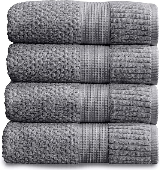 NY Loft 100% Cotton Bath Towel 4 Pack | Super Soft & Absorbent Quick-Dry Bath Towels 30" x 52" | Textured and Durable Cotton | Trinity Collection (4 Pack Bath Towel, Charcoal Grey)