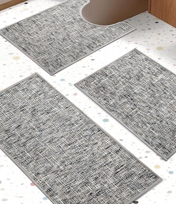 YIHOUSE Bathroom Rugs Sets 3 Pieces, Ultra Thin Non Slip Washable Bath Mat Sets, Absorbent Quick Dry Bath Mats for Bathroom Floor, Grey