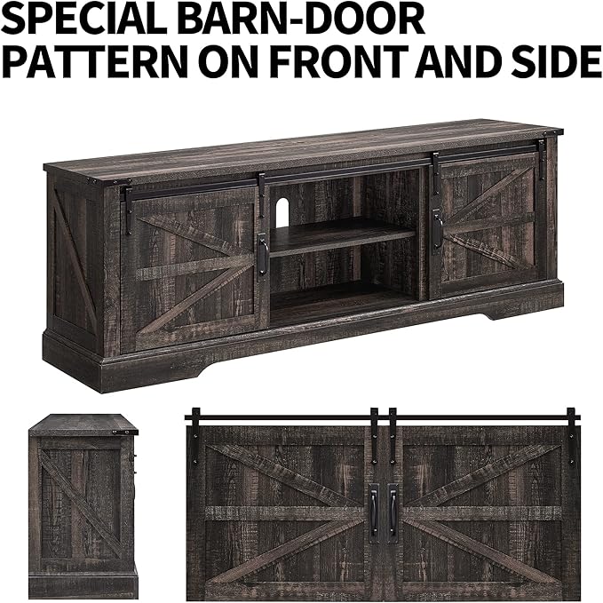 OKD Farmhouse TV Stand for 75 Inch TV with Sliding Barn Door, Rustic Wood Entertainment Center Large Media Console Cabinet Long Television Stands for 70 Inch TVs, Dark Rustic Oak