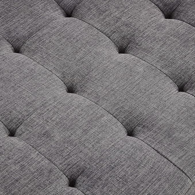 24KF Large Square Upholstered Tufted Linen Ottoman Coffee Table, Large Footrest Ottoman with Solid Wood Shelf-Dark Gray