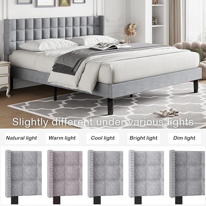 VECELO Headboard King Size, Linen Upholstered Headboards Only with Nailhead Trim Wingback, Square Stitched Design, Adjustable Height from 40" to 49.8", Light Grey