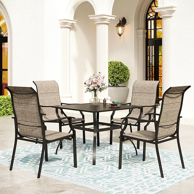5 Piece Patio Dining Set for 4, Outdoor Table and Chairs Set with Square Patio Dining Table(1.57" Hole) & 4 Textilene Patio Dining Chairs, Outdoor Dining Table Set for Deck Backyard