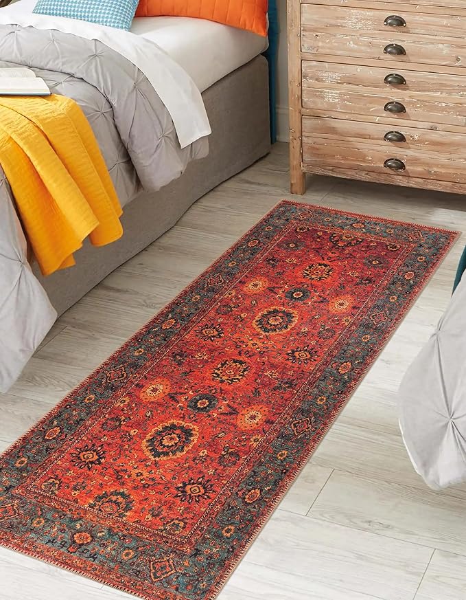 Keen Home Design 2x12 Rug - Machine Washable Runner with Non-Slip Backing, Ideal for Hallway, Entryway, Kitchen, Laundry Room - Vintage, Easy Clean, Durable, Low Pile Rug - (2'6" x 12')