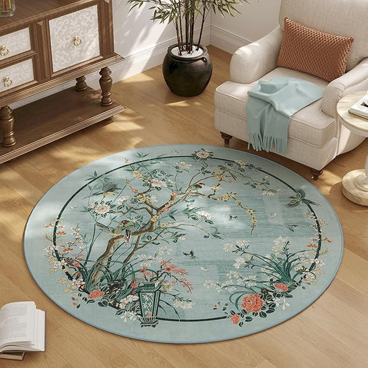 Circle Rug 4ft Chinoiserie-Style Floral Vintage Washable Round Rug Non Slip Low Pile Small Circular Rug for Bedroom, Bathroom, Entryway, Kids Room, Office, Blue