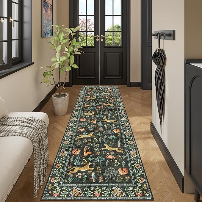 DUKINO 2x10 Rug for Hallway, Washable Kitchen Runner Rug with Non Slip Backing, Soft Low Pile Vintage Animal Runner for Bedroom, Kitchen, Hallway, Entryway, Laundry, Black