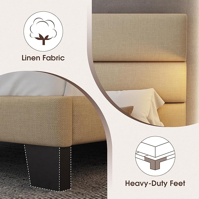 WEEWAY Queen Bed Frame Platform Bed with Linen Fabric Upholstered Headboard and Wooden Slats Support, Heavy Duty Mattress Foundation, No Box Spring Needed, Easy Assembly, Beige