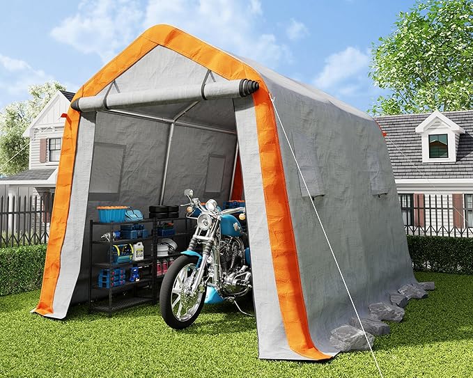 AMERLIFE 8x10x8 FT Heavy Duty Portable Shed Storage Shelter, Outdoor Storage Shed with 4 Waterproof Windows & Roll-Up Zipper Door, Carport for Motorcycle, Bike, Gray