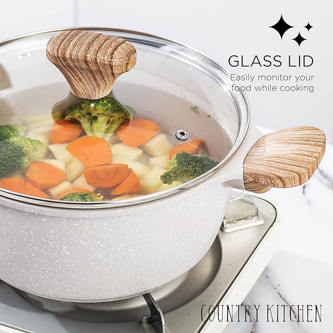 Country Kitchen Non-Stick Cast Aluminum Cookware Set - Durable Kitchen Cookware for Everyday Cooking, Cream, 11 Pc.