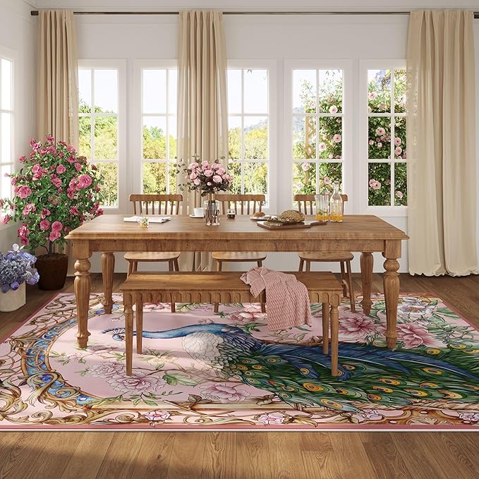 Area Rugs 8x10 Rug for Living Room Clearance Washable Floral Peacock Non Slip Vintage Low Pile Large Rug for Living Room, Bedroom, Farmhouse, Dining Room, Kids Playroom(Pink)
