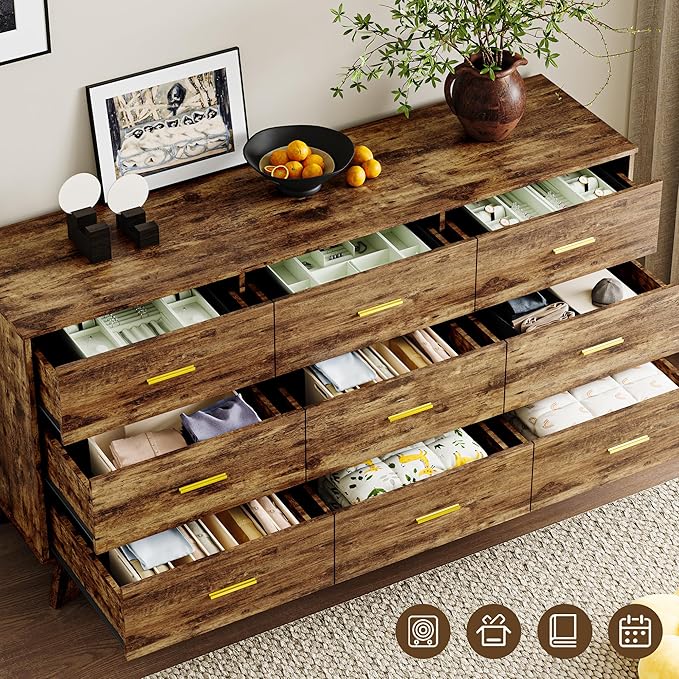 Dresser for Bedroom with 9-Drawer, 59" Wide Modern Chest of Drawers with Metal Handles, X-Shape Base & Adjustable Center Leg, Anti-Tip Closet Organizers and Storage