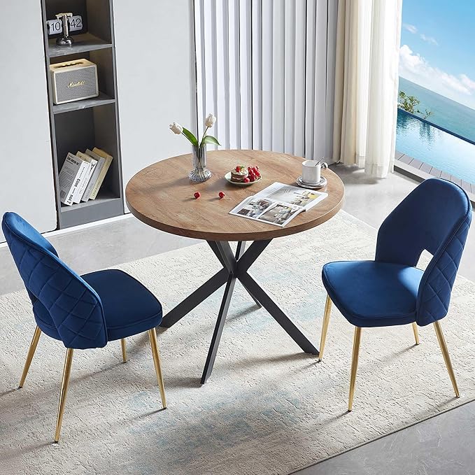 NORDICANA 3-Piece Dining Table Set for 2 - Space Saving 37-Inch Round Table and Chairs, 2 Seaters Dining Set with Upholstered Dining Chairs (Navy Blue)