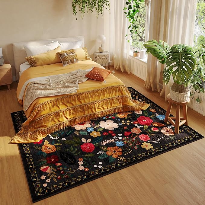 Living Room Rug 5x7 Rug Machine Washable Boho Area Rug Non Slip Floral Vintage Low Pile Large Rugs for Living Room, Bedroom, Farmhouse, Dining Room, Kids Playroom(Black)