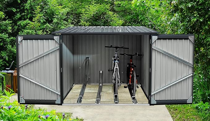 Hanover Bicycle Outdoor Steel Storage Shed with Slope Roof and Twist Lock and Key, Stores 4 Bikes, Dark Gray Outside Storage Shed House, Rust Resistant and Modern Shed with Adjustable Bike Tracks