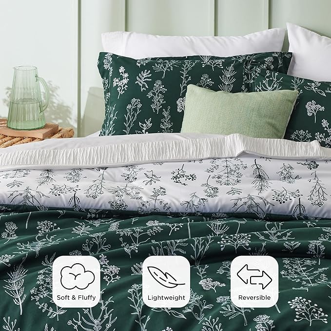 Bedsure Queen Comforter Set - Emerald Bed Set, 3 Pieces Cute Floral Bedding, 1 Soft Reversible Botanical Flowers Comforter and 2 Pillow Shams