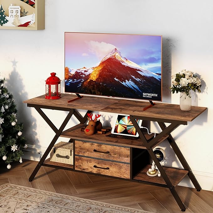 TV Stand with Power Outlet and LED Lights, Fits TVs up to 65”, 2 Fabric Drawers Entertainment Center with Open Storage Shelves, Media Console for Living Room, Bedroom (Rustic Brown)