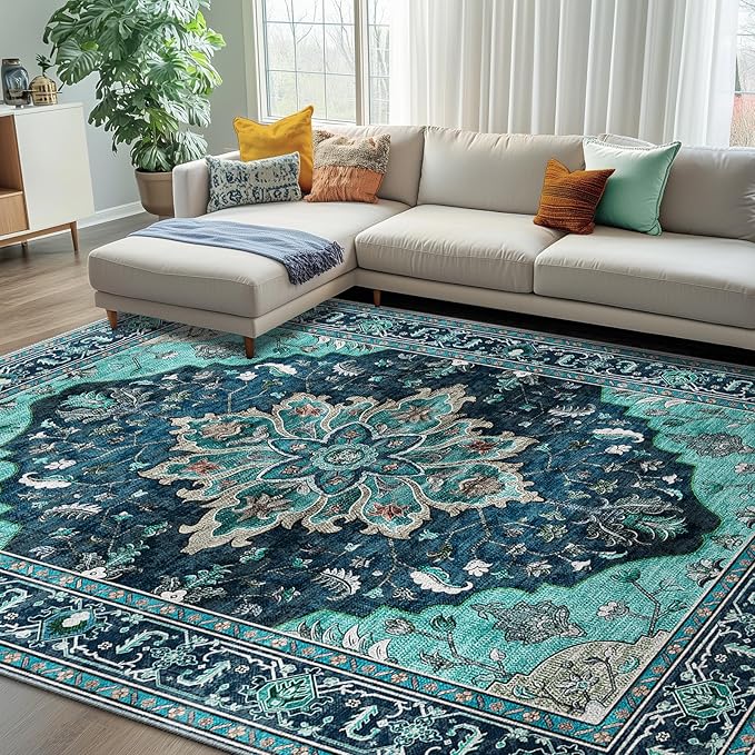 Area Rugs 8'x10' Washable Non-Slip, Floral Vintage Distress Print Pattern Medallion Carpet for Living Room Bedroom Dining Room, Teal Green Lake Blue Turquoise